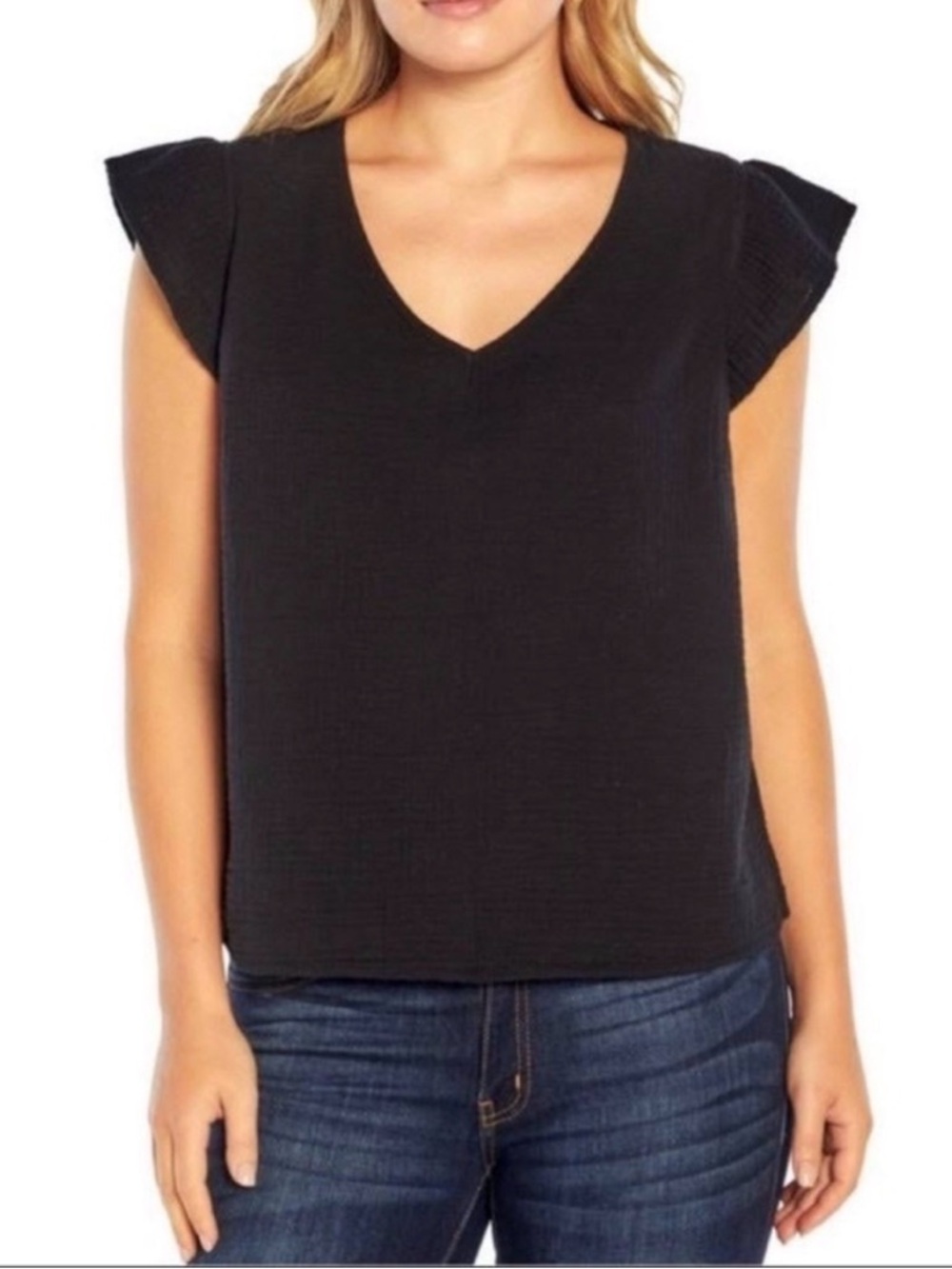 Three Dots Black Double Gauze Cotton V-Neck Ruffle Flutter Sleeve Top XXL